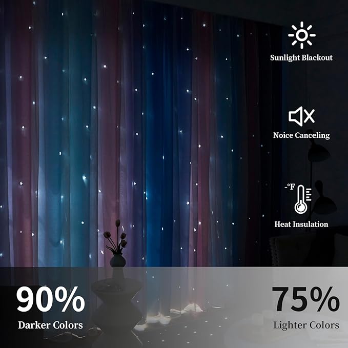 Star Blackout Curtains for Bedroom - Cute Kids Rainbow Curtains, 108 Inches Long 2 Panels, Blue & Purple & Pink