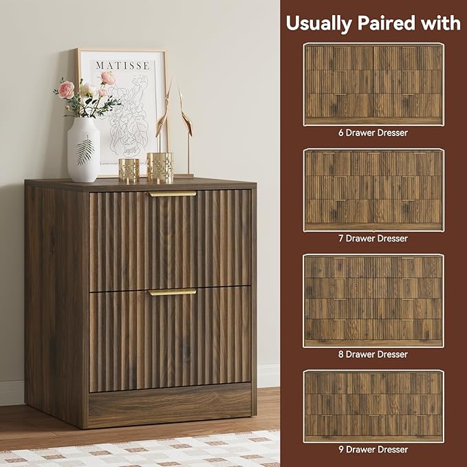 9 Drawer Dresser & Nightstand Set 3-Piece, 63” Wide Walnut Bedroom Dresser and Night Stand Set of 2, Fluted Modern Wood Chest of Drawers Storage Dressers Set for Bedroom, Walnut
