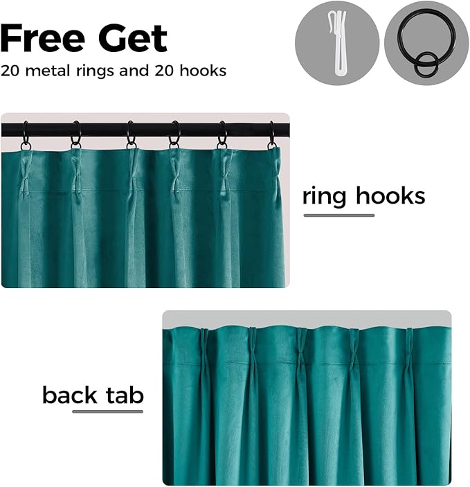 Pinch Pleated 100% Blackout Curtains for Bedroom, Teal Velvet Curtains for Living Room, Black Out Curtain 96 inch Long Room Darkening, Blackout Pinch Pleat Drapes with Hooks 2 Panels
