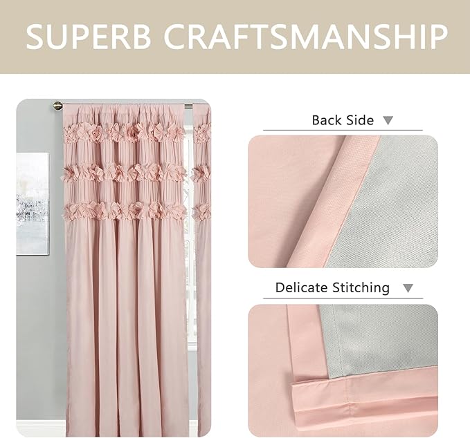 Luxurious Peach Pink Blackout Curtains with 3 Rows of Handmade Butterfly Flower Ruffles, Room Darkening and Soundproof Window Curtain 54" x 84", 2 Panels, Machine Washable (LQ-37)