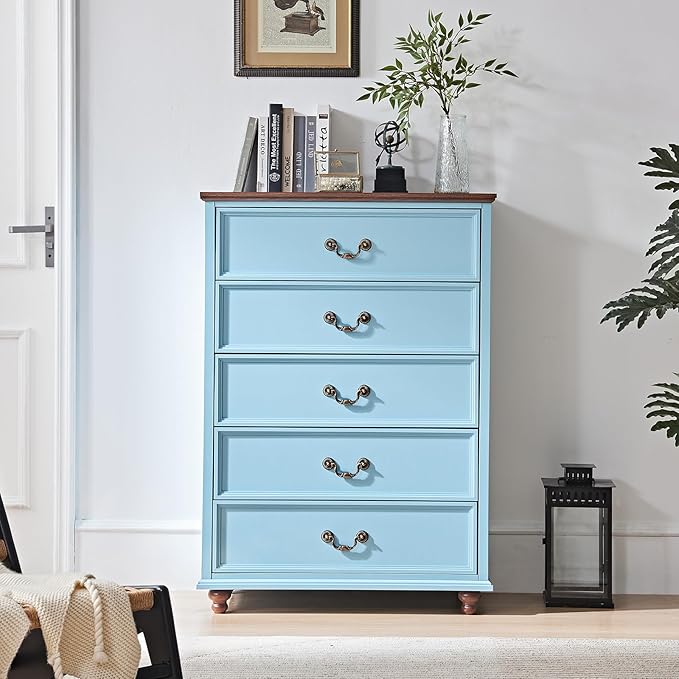 24" Wide Farmhouse Nightstand with Charging Station Set of 2, 54" 7 Drawers Dresser, 45" Tall Rustic Chests of 5 Drawers, Farmhouse Furniture Series for Bedroom,LightBlue