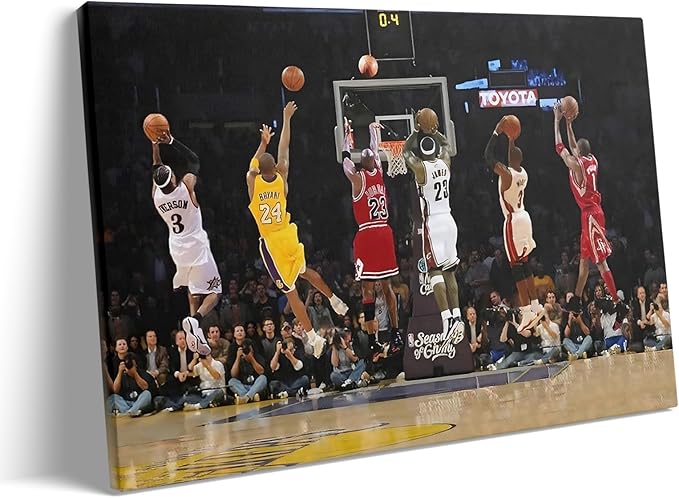 Basketball Legends Canvas Wall Art Print Poster, Iconic Sports Stars Shooting Inspirational Picture, Motivational Photography Wall Decor for Gym Dorm Home Office Living Room Bedroom, Framed 24x30inch