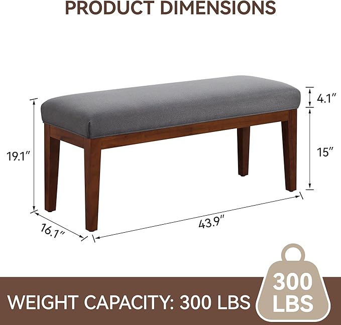 43.5'' Linen Bedroom Bench, Upholstered End of Bed Bench, Padded Vintage Dining Bench, Entryway Bench with Solid Wood Legs, Kitchen, Living Room, Hallway, Dark Grey