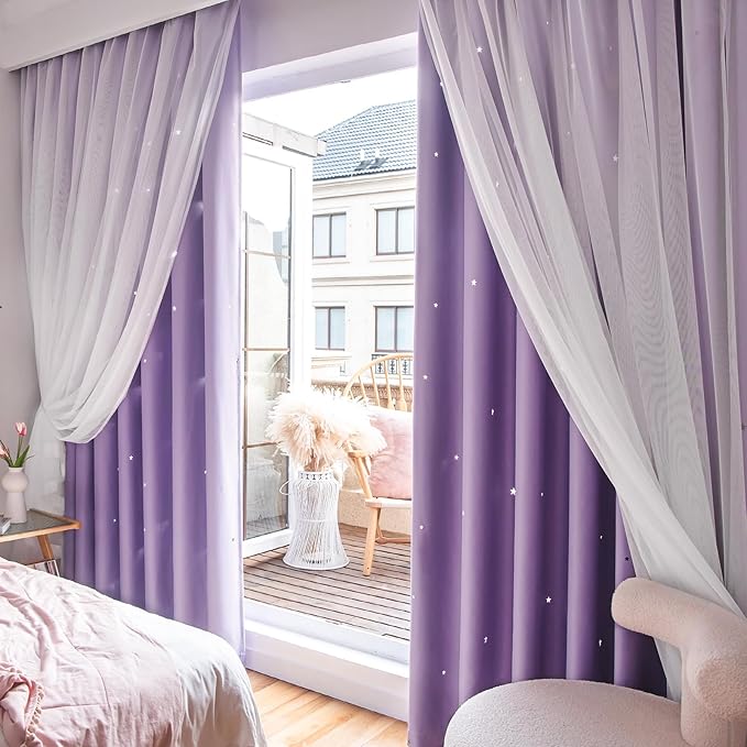 Star Double Layer Blackout Curtains for Bedroom - Kids & Cute, 108 Inches Long, 2 Panels Set, Purple, 42 X 108 Inches