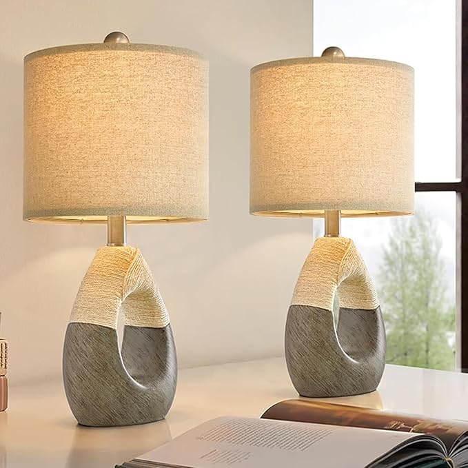 OYEARS 19” Boho Table Lamps Bedroom Living Room Set 2,Suitable for Small Space,Small Farmhouse RattanTable Lamp Rustic Egg Design Resin Light Decoration,Nightstand Bedside Lamps for Office Study Rest