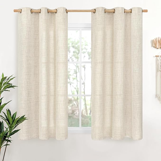 YoungsTex Linen Boho Curtains 54 Inches Length for Living Room Window, Short Semi Sheer Drapes with Bronze Grommet Light Filtering Privacy for Bathroom Bedroom, 42 x 54 Inch, 2 Panels