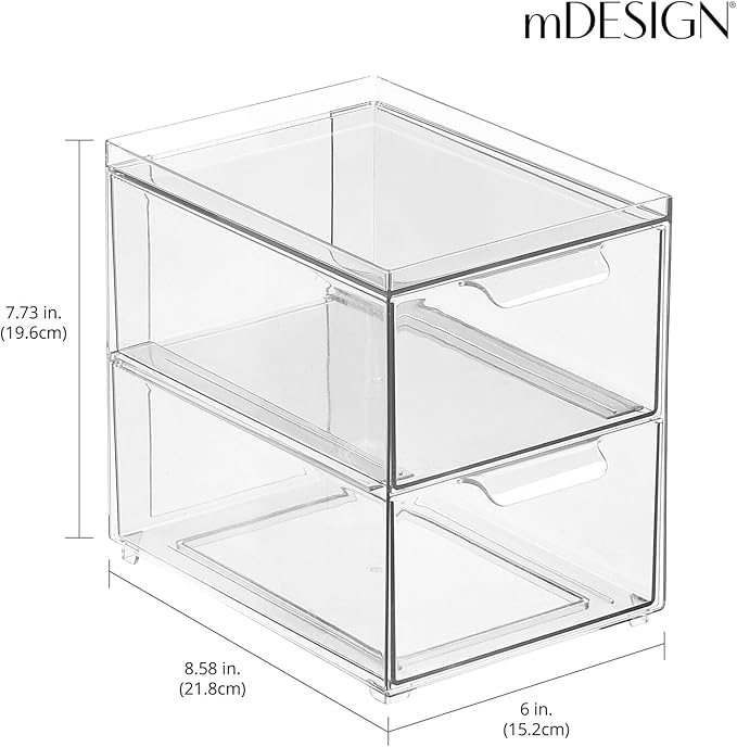 mDesign Stackable Storage Containers Box with 2 Pull-Out Drawers - Stacking Plastic Drawer Bins for Master or Guest Bathroom, Linen Closet, Vanity, or Makeup Table - Lumiere Collection -Clear