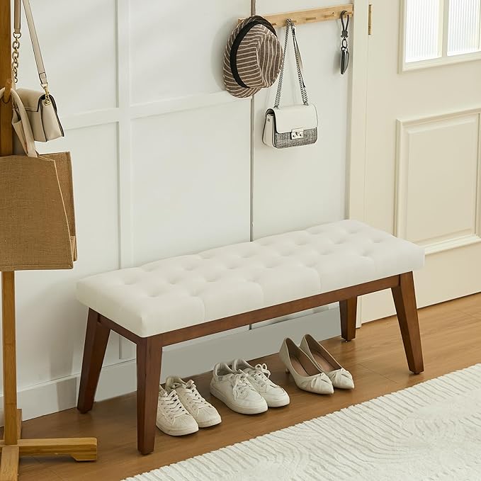 43.5'' Linen Bedroom Bench, Upholstered End of Bed Bench with Tufted Button, Padded Vintage Dining Bench, Entryway Bench with Solid Wood Legs, Kitchen, Living Room, Hallway, Beige Tufted