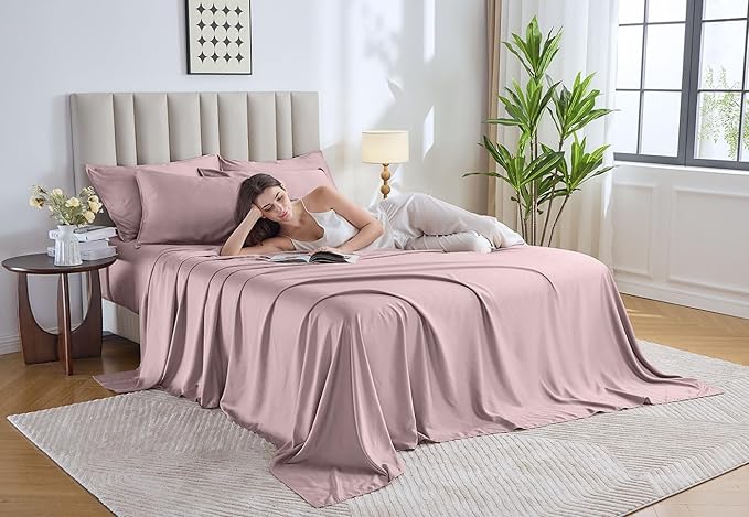 Pure Bamboo Full Sheets, Genuine 100% Organic Viscose Derived from Bamboo Bed Sheet Set, Luxuriously Soft & Cooling, Double Stitching, 2 Year Quality Promise (Full, Dusty Pink)