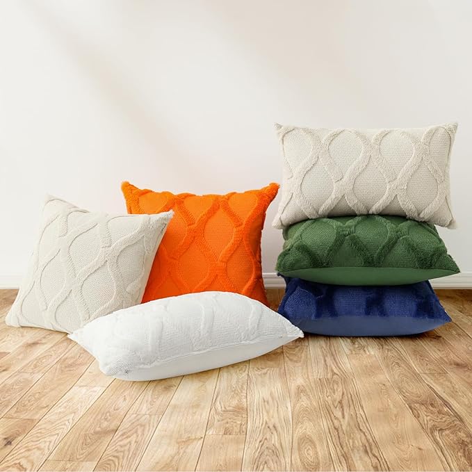 decorUhome Spring Euro Sham Throw Pillow Covers 22x22 Inch Set of 2, Soft Plush Faux Fur Wool Orange Couch Pillow Covers, Decorative Neutral Pillow Cases for Bed Sofa Living Room Home Decor