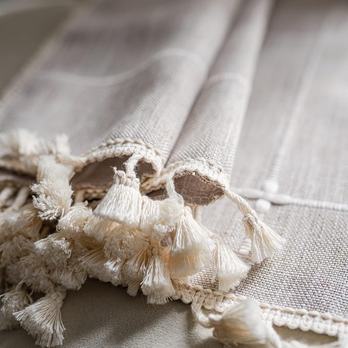 Sutuo Home Boho Curtains for Bedroom 96 Inches Long, Light Filtering Country Farmhouse Vintage Shabby Chic Tassels Window Treatment Bohemian Grid Drape for Decor 1 Panel 52" W x 96" L, Natural Plaids