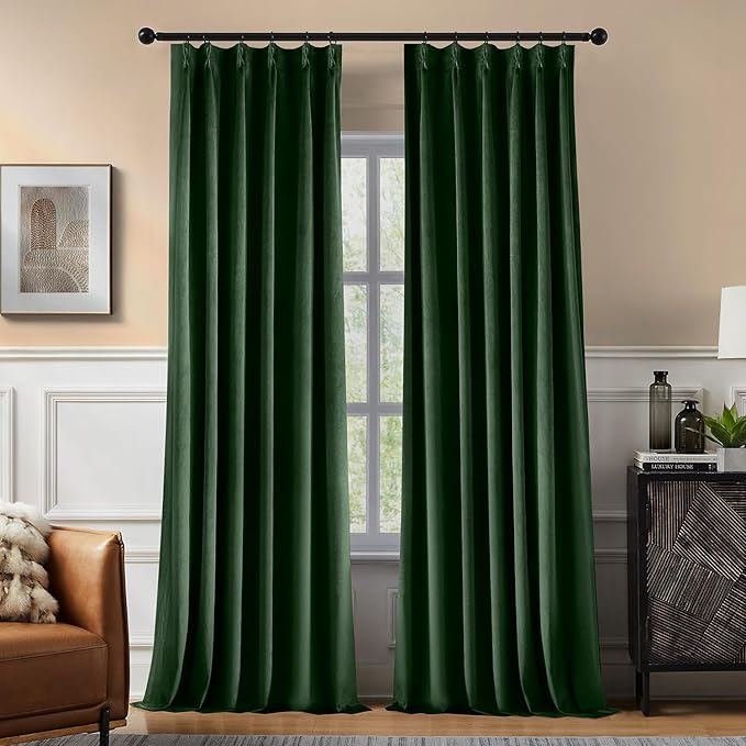 Pinch Pleated 100% Blackout Curtains for Bedroom, Olive Green Velvet Curtains for Living Room, Black Out Curtain 84 inch Long Room Darkening, Blackout Pinch Pleat Drapes with Hooks 2 Panels