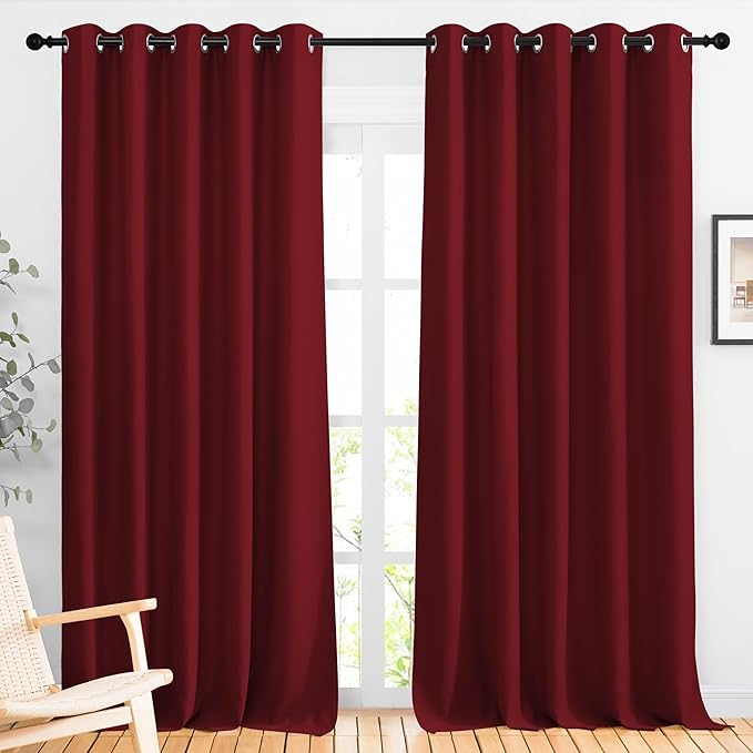 NICETOWN Burgundy Red Sliding Door Curtains 2 Panels Set 118 inches Long, Grommet Thermal Blackout Curtains Privacy Room Divider Sound Reducing for Bedroom/Living Room, W66 x L118