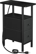 LOAKEKEL Narrow End Table Living Room with Charging Station, Skinny Side Table with Fabric Drawers, Slim Nightstand for Bedroom, Small Spaces, Couch, Black, HETNDP02BK-1