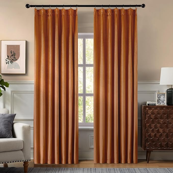 Pinch Pleated 100% Blackout Curtains for Bedroom, Yellow Velvet Curtains for Living Room, Black Out Curtain 86 inch Long Room Darkening, Blackout Pinch Pleat Drapes with Hooks 2 Panels