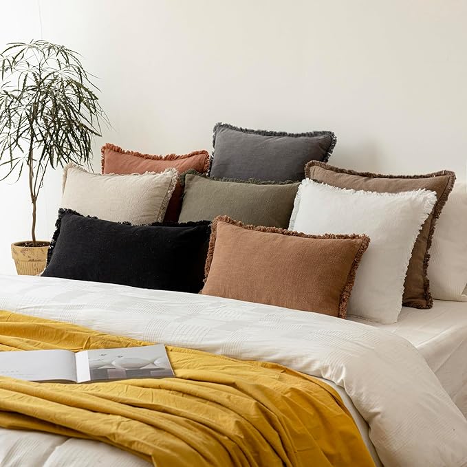 Foindtower Set of 2 Decorative Linen Fringe Throw Pillow Covers Cozy Boho Farmhouse Cushion Cover with Tassels Soft Accent Pillowcase for Couch Sofa Bed Living Room Home Decor, 16×16 Inch, Gray