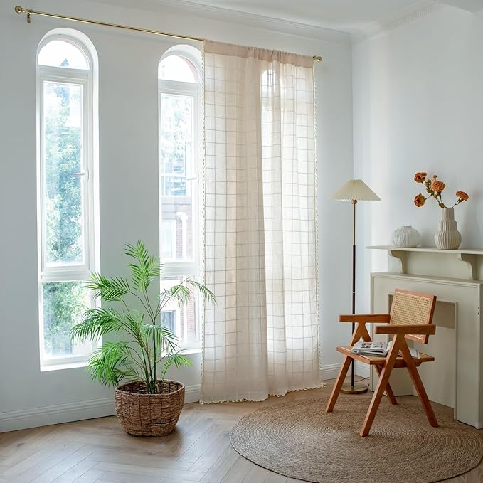 Sutuo Home Boho Curtains for Bedroom Dining Room 90 Inches Long, Beige Bohemian Farmhouse Vintage Chic Tassels Linen Semi Blackout Window Treatment Drape, 1 Panel 52" W x 90" L, Light Coffee Plaids