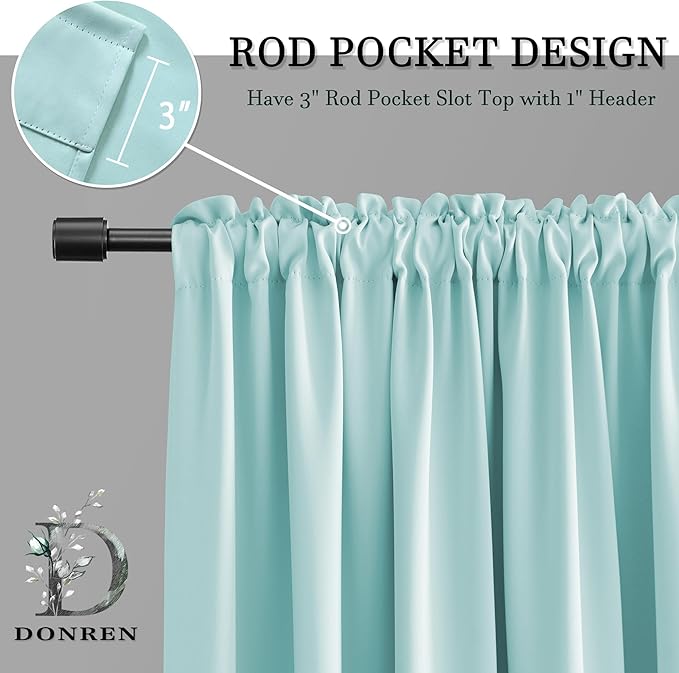DONREN 63 Inch Length Aqua Blackout Curtains for Bedroom - Window Treatment Rod Pocket Curtain Drapes (Set of 2 Panels)