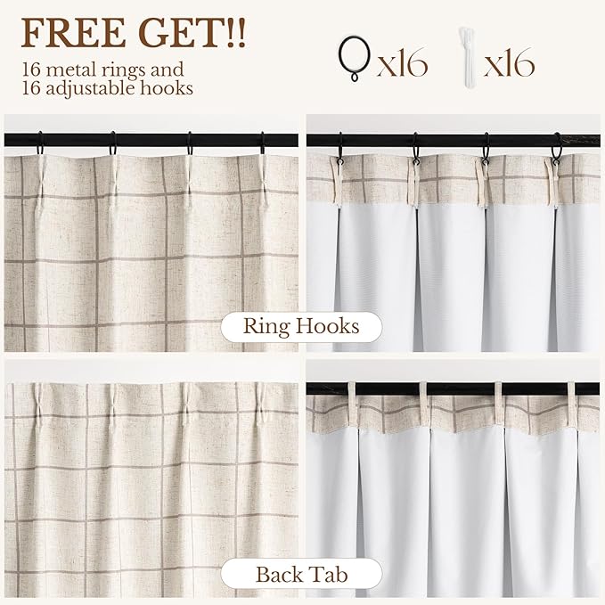 Plaid Pinch Pleated Curtains - Modern Luxury Linen Buffalo Blackout Drapes, Thermal Insulated Double Layer Window Panels for Living Room Bedroom, 90 Inches Long Brown 2 Panels Set