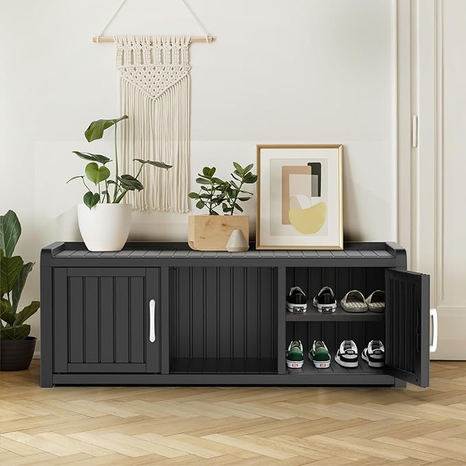 ROJIK Shoe Cabinet Waterproof UV-Resistant,Storage Bench Indoor Outdoor with Adjustable Shelves,for Entryway Bedroom,Hallway,Living Room(2 Door,Black)