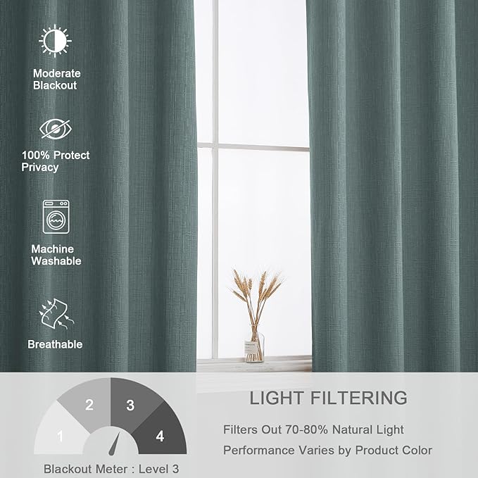 Jacquard Linen Curtains 96 inch Length 2 Panels Thick Faux Linen Blended Window Drapes Burlap Textured Curtains with Grommet for Living Room Bedroom Farmhouse (52x96 Lake Blue) Natural