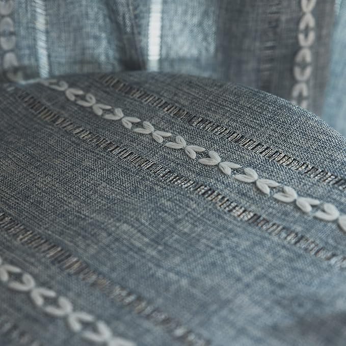 Sutuo Home Boho Curtains Striped Embroidery for Bedroom Living Room Patio, Semi-Blackout Linen French Country Vintage Chic Tassels Hollow Window Treatment Bohemian Drape, 1 Panel 52" W x 108" L, Blue