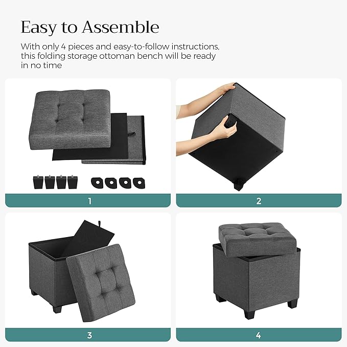 SONGMICS 15 Inches Cube Storage Ottoman, Bedroom Bench with Storage, Foot Stool with Feet, Holds Up to 660 lb, Dark Gray ULSF14GYZ