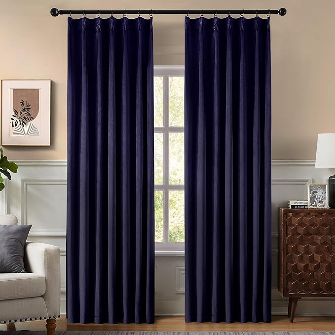 Pinch Pleated 100% Blackout Curtains for Bedroom, Navy Blue Velvet Curtains for Living Room, Black Out Curtain 108 inch Long Room Darkening, Blackout Pinch Pleat Drapes with Hooks 2 Panels