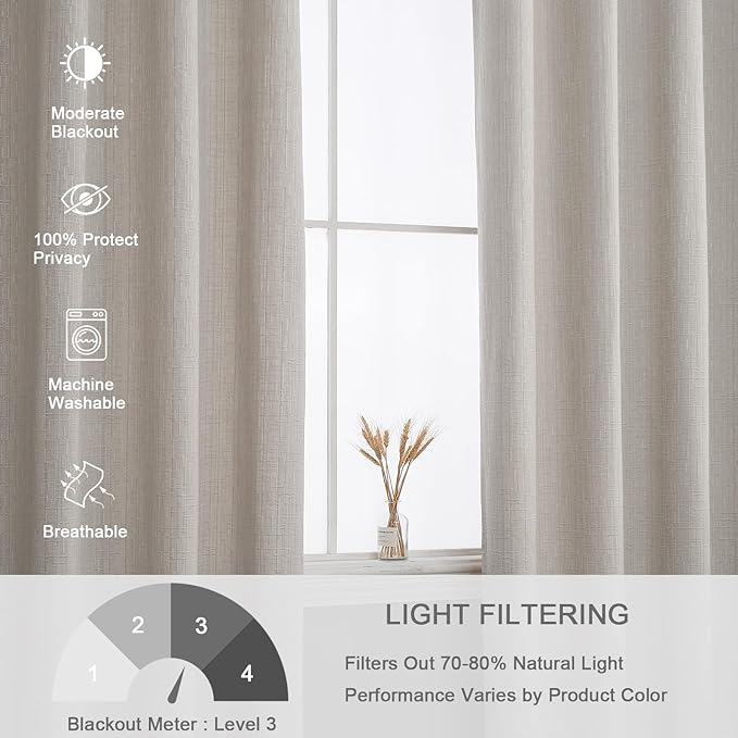 Jacquard Linen Curtains 63 inch Length 2 Panels Thick Faux Linen Blended Window Drapes Burlap Textured Curtains with Grommet for Living Room Bedroom Farmhouse (42x63 Beige) Natural