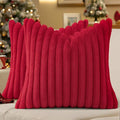 decorUhome Faux Fur Spring Throw Pillow Covers 20x20 Set of 2, Decorative Soft Plush Striped Neutral Couch Pillow Covers with Velvet Back for Sofa, Bed, Living Room Home, Red