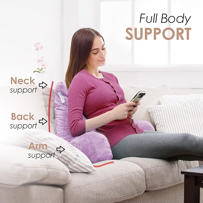 Nestl Reading Pillow with Shredded Memory Foam, Designed for Sitting Up in Bed and Couch, Back and Arms Adjustable Support for Adult & Teens Backrest Pillows for Reading, with Washable Cover Lavender