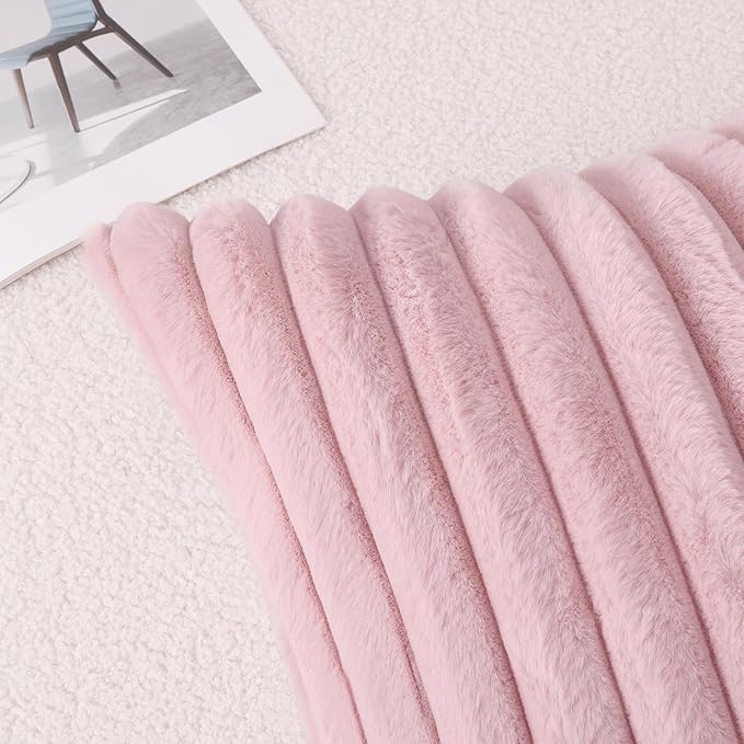 Pallene Faux Fur Plush Throw Pillow Covers 22x22 Set of 2, Luxury Soft Fluffy Striped Decorative Pillow Covers for Sofa, Couch, Living Room, Blush Pink