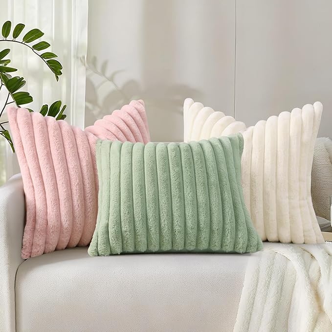 decorUhome Faux Fur Spring Throw Pillow Covers 22x22 Set of 2, Decorative Soft Plush Striped Neutral Couch Euro Sham Pillow Covers with Velvet Back for Sofa, Bed, Living Room Home, Sage Green