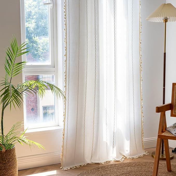 Sutuo Home White Boho Curtains, Bohemian 1 Panel 102 inches Long for Bedroom Living Room Nursery Patio Christmas Decor, Vintage Country Linen Striped Farmhouse Window Treatment, 52" W x 102" L