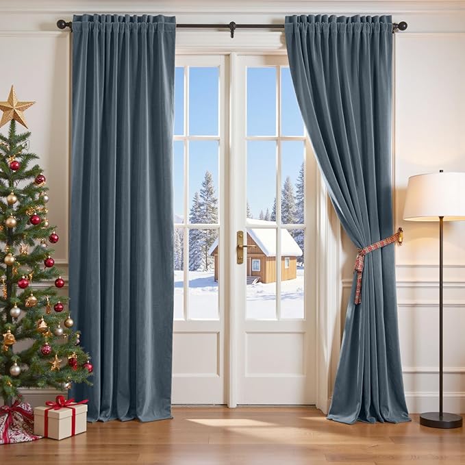 Lazzzy Velvet Blackout Curtains Thermal Insulated Room Window Drapes Super Soft Luxury Curtains for Living Room Bedroom Rod Pocket 2 Panels, Dark Slate, 62" W x 96" L