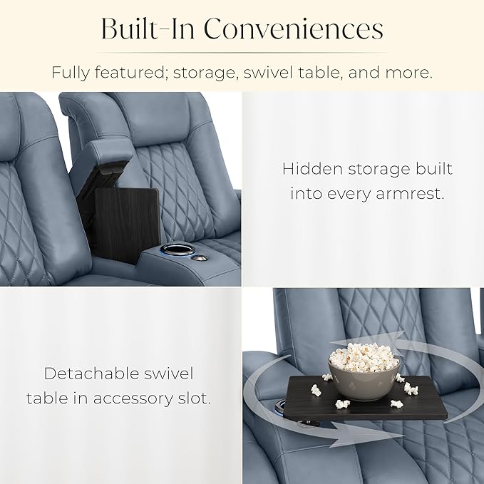 Seatcraft Diamante Zero-Gravity CoolZero Italian Leather Home Theater Seating, Power Headrest, Power Recline, Row of 2 Loveseat, Smokey Blue