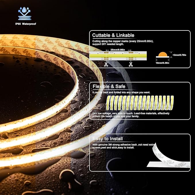 PAUTIX COB LED Strip Light CCT Tunable White IP65 Waterproof,CRI90+ 16.4ft/5m 2700K-6500K Dimmable 24V LED Tape Light,for Under Cabinet Bedroom Kitchen DIY Lighting(Adapter&Controller NOT Included)