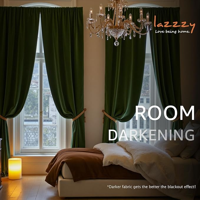 Lazzzy Green Velvet Curtains 84 Inch Long Blackout Thermal Insulated Room Darkening Lined Curtain Drapes Luxury Back Tab Window Treatments for Bedroom Living Room 2 Panels, 52 x 84 Inch, Moss Green