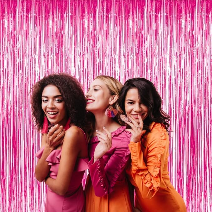 GOER 3.2 ft x 8.2 ft Metallic Tinsel Foil Fringe Curtains Party Photo Backdrop Party Streamers for Galentines Day,Birthday,Graduation,New Year Eve Decorations Wedding Decor (3 Pcs, Hot Pink)