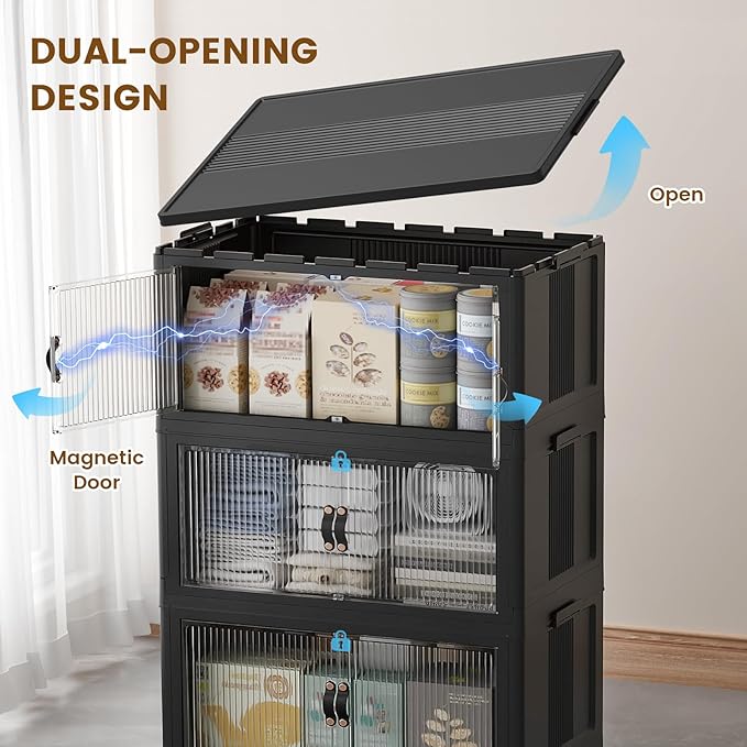 SAILUN 127Gal/508Qt Stackable Storage Bins Folding Collapsible Storage Bins with Lid, Closet Organizers and Storage Box with Door Black 28" W x 17" D x 61" H