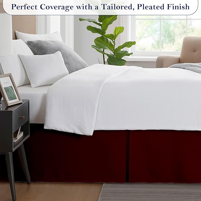 Full Bed Skirt, Luxury 21 Inch Drop Burgundy Pleated Bed Skirt, Double Brushed Microfiber, Box Pleat Design, Wrinkle & Fade Resistant, Easy Fit Tailored Bedskirt for Full Size Beds