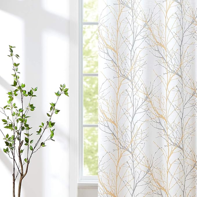 FMFUNCTEX Tree Yellow White Sliding Door Curtain for Living Room 100 x 84 Inches Long Branch Print Linen Texture Semi Sheer Curtain Farmhouse Rustic Window Drapery 1 Panel Grommet Top