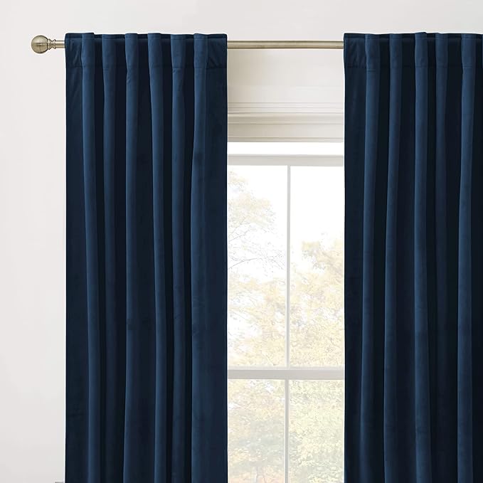 RYB HOME Velvet Curtains 102 inches Long, Back Tab Room Darkening Noise Reducing Window Treatment for Living Room Bedroom Privacy Protect for Stuido, Navy Blue, W52 x L102 inch, 2 Panels