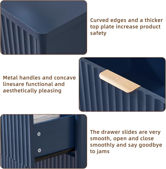 LEYAOYAO Fluted Dressers & Nightstand Set of 3, Wood 48" Wide Dresser & 42" Tall Chest of Drawers,Modern Bedroom Furniture Sets, Navy Blue Wooden Nightstand with 3 Drawers & Charging Station