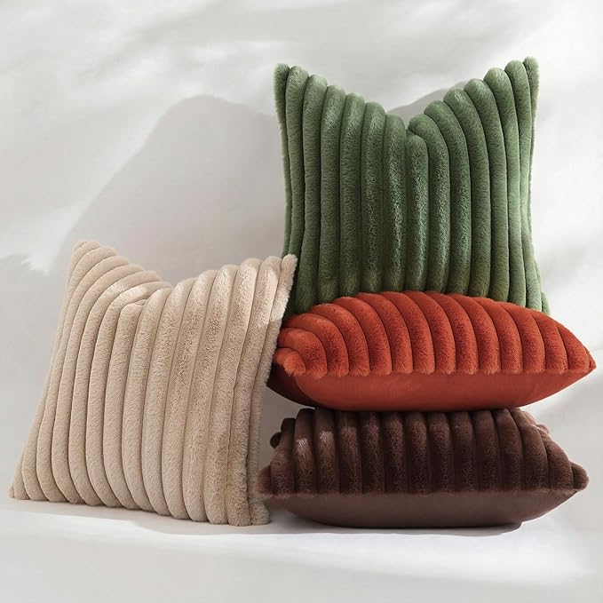 decorUhome Faux Fur Throw Pillow Covers 18x18 Set of 2, Decorative Soft Plush Striped Neutral Couch Euro Pillow Covers with Velvet Back for Sofa, Bed, Living Room Home Decor, Dark Brown