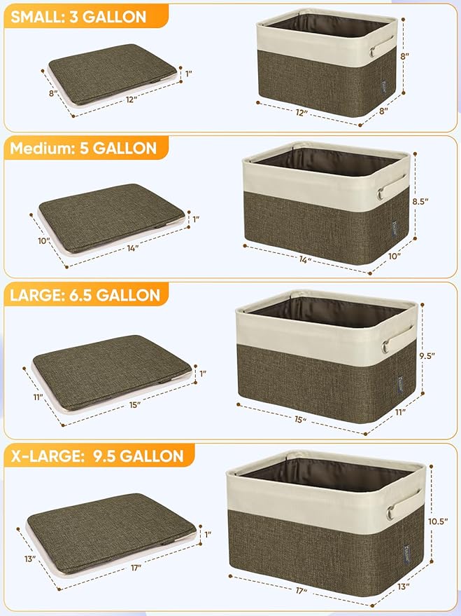 BALEINE 3 Pack Fabric Storage Bins for Shelves, Linen Storage Baskets for Organizing, Decorative Closet Bins for Clothes, Home (Brown, 14''x10''x8.5'')