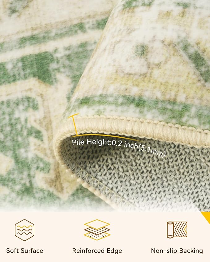 Area Rugs 2'x3' Washable Non-Slip, Floral Vintage Distress Print Pattern Medallion Carpet for Living Room Bedroom Dining Room, Sage Green Yellow