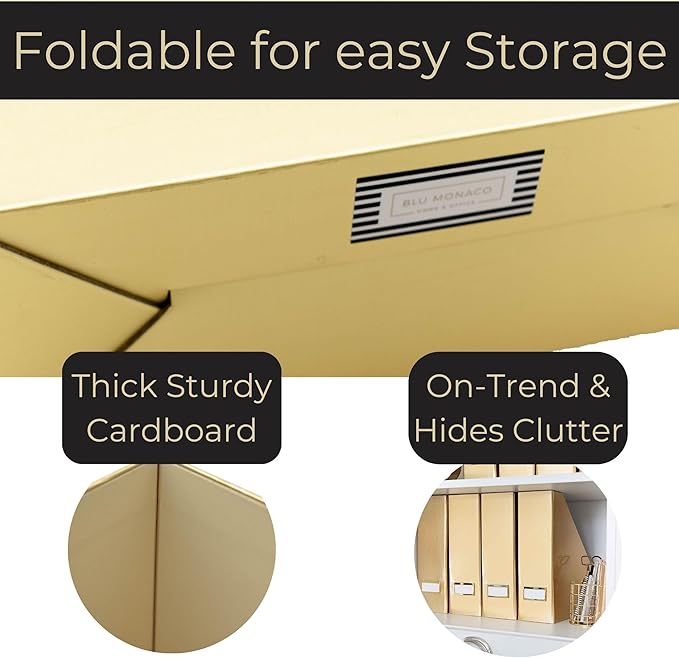 BLU MONACO Gold Magazine File Holder Set of 4 – Stylish Desk Organizer for Home & Office - Elegant Supplies, Bookends & Durable File Holders for a Gold Office Decor