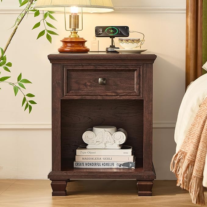 SAVOR LIFE Farmhouse End Tables Living Room with Drawer, Rustic Wood Nightstand with Charging Station, Brown Bedside Table with Open Shelf for Bed Room, Living Room, Walnut