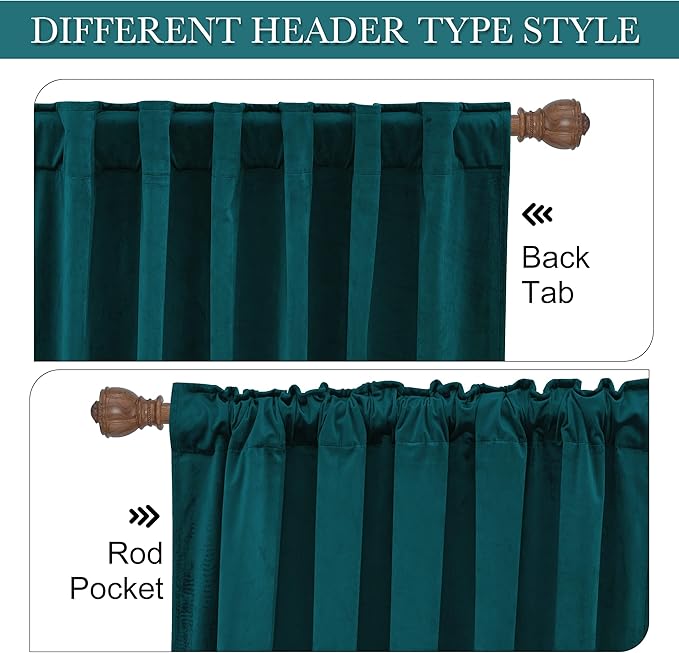 RYB HOME Velvet Curtains 72 inches Length, Back Tab & Rod Pocket Soft Fabric Curtains & Drapes for Bedroom Bathroom Cafe, Peacock Blue, W 42 x L 72, 2 Panels Set